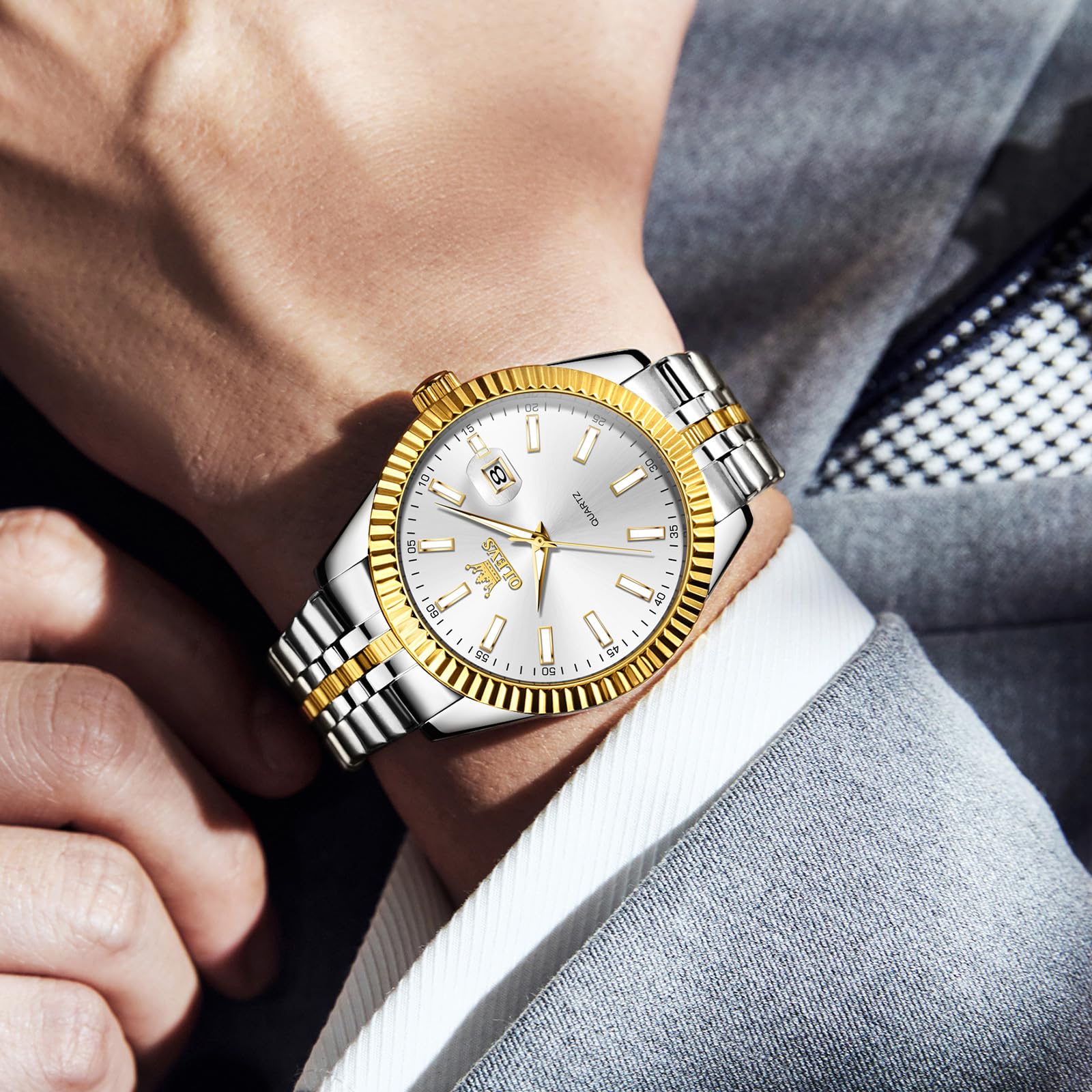 Foto 8 pulgar | Reloj Olevs De Acero Inoxidable En Oro Blanco Para Hombre Con Calendario - Venta Internacional.