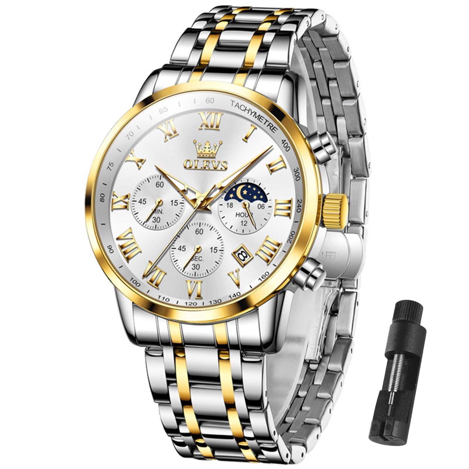 Foto 2 pulgar | Reloj Olevs Con Cronógrafo Para Hombre, Esfera Blanca, Acero Inoxidable - Venta Internacional.