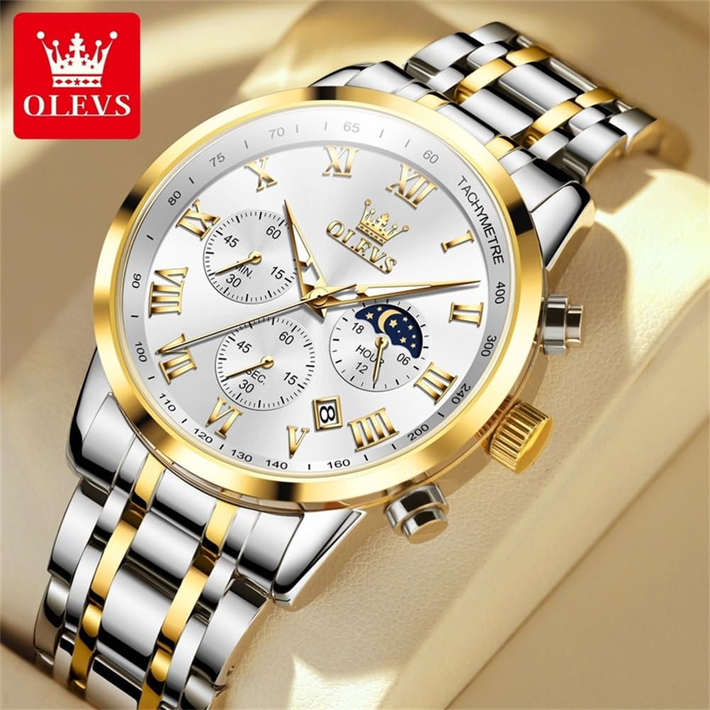 Foto 2 | Reloj Olevs Con Cronógrafo Para Hombre, Esfera Blanca, Acero Inoxidable - Venta Internacional.