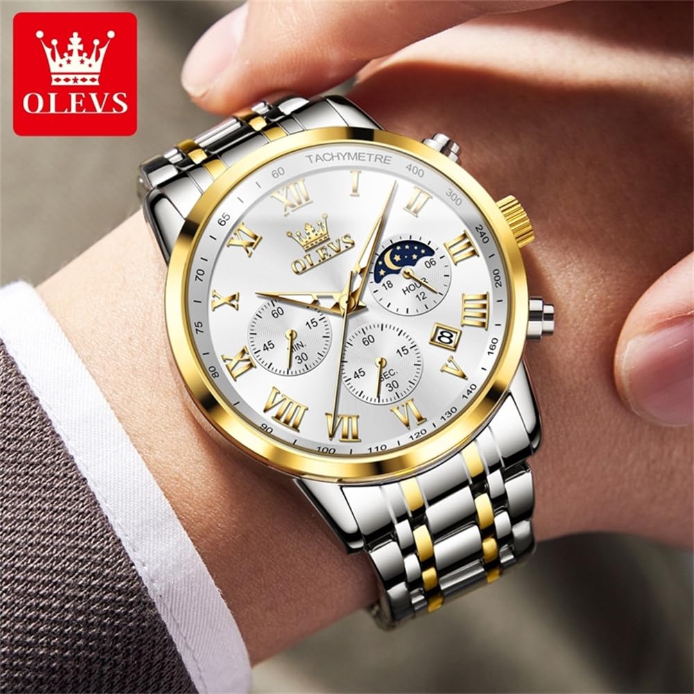 Foto 4 pulgar | Reloj Olevs Con Cronógrafo Para Hombre, Esfera Blanca, Acero Inoxidable - Venta Internacional.