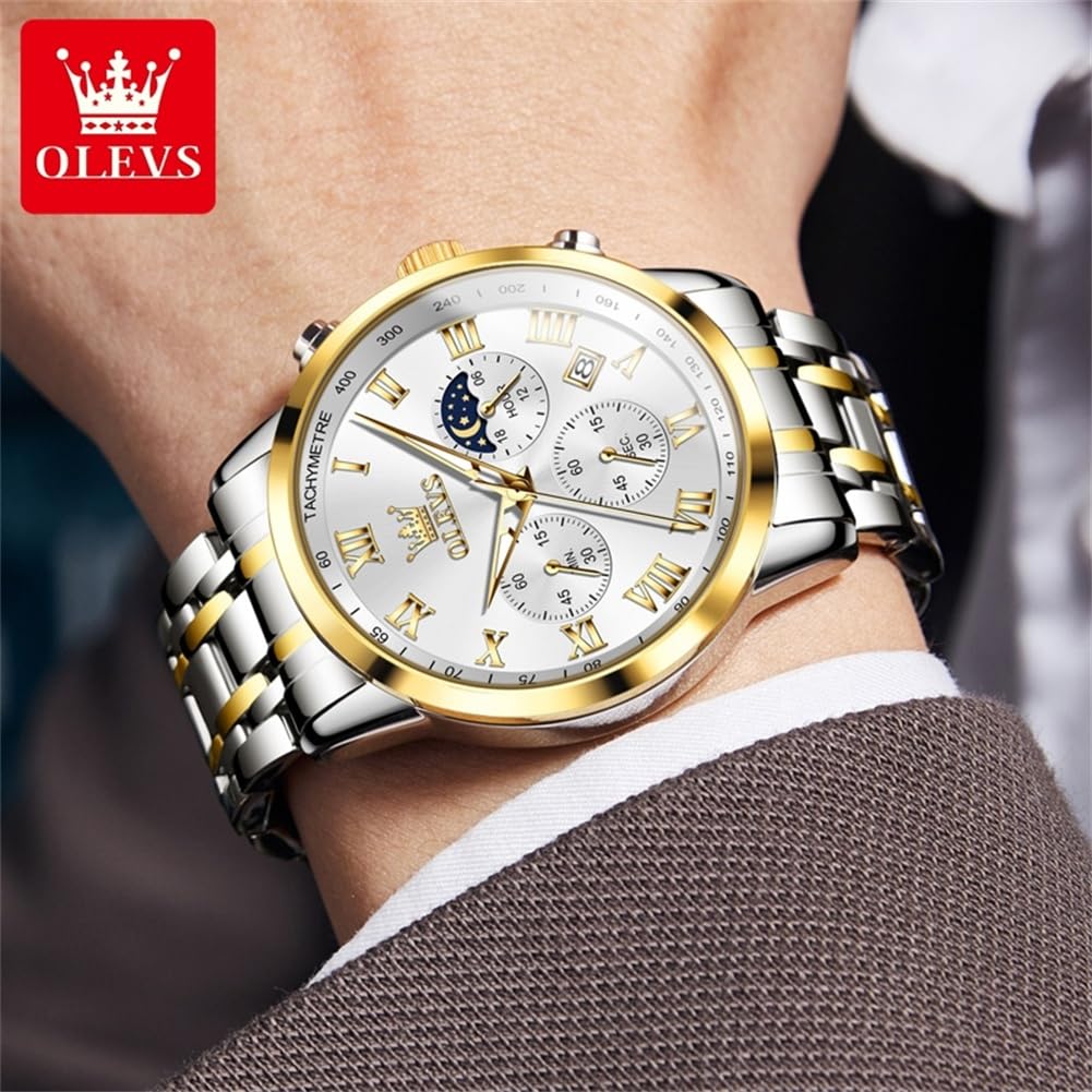 Foto 8 pulgar | Reloj Olevs Con Cronógrafo Para Hombre, Esfera Blanca, Acero Inoxidable - Venta Internacional.