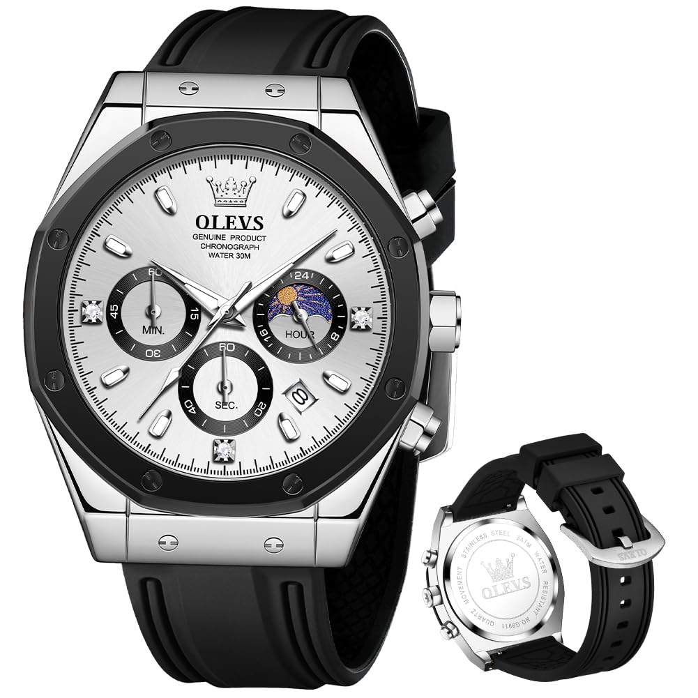Reloj Olevs Silver Moon Phase Chronograph Para Hombre Con Diamante - Venta Internacional.