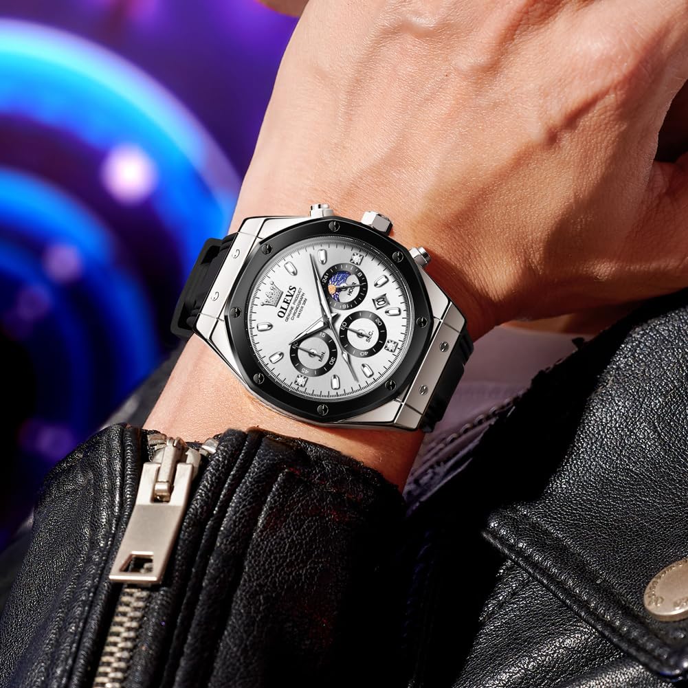 Foto 2 | Reloj Olevs Silver Moon Phase Chronograph Para Hombre Con Diamante - Venta Internacional.