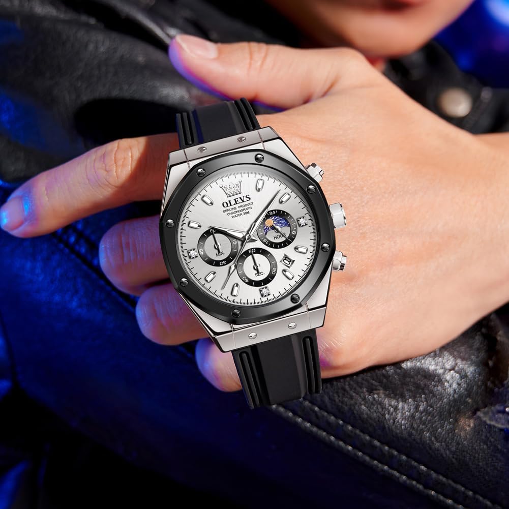Foto 3 | Reloj Olevs Silver Moon Phase Chronograph Para Hombre Con Diamante - Venta Internacional.