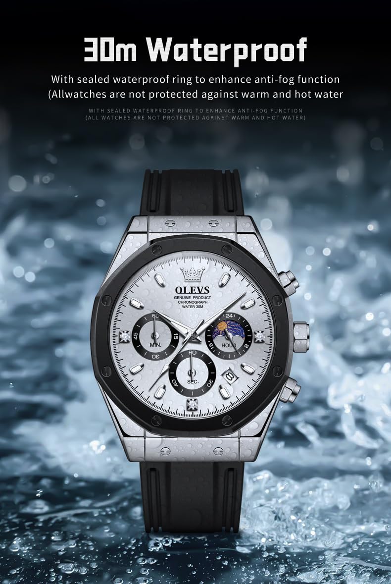 Foto 4 | Reloj Olevs Silver Moon Phase Chronograph Para Hombre Con Diamante - Venta Internacional.
