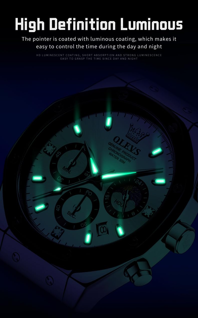 Foto 5 | Reloj Olevs Silver Moon Phase Chronograph Para Hombre Con Diamante - Venta Internacional.