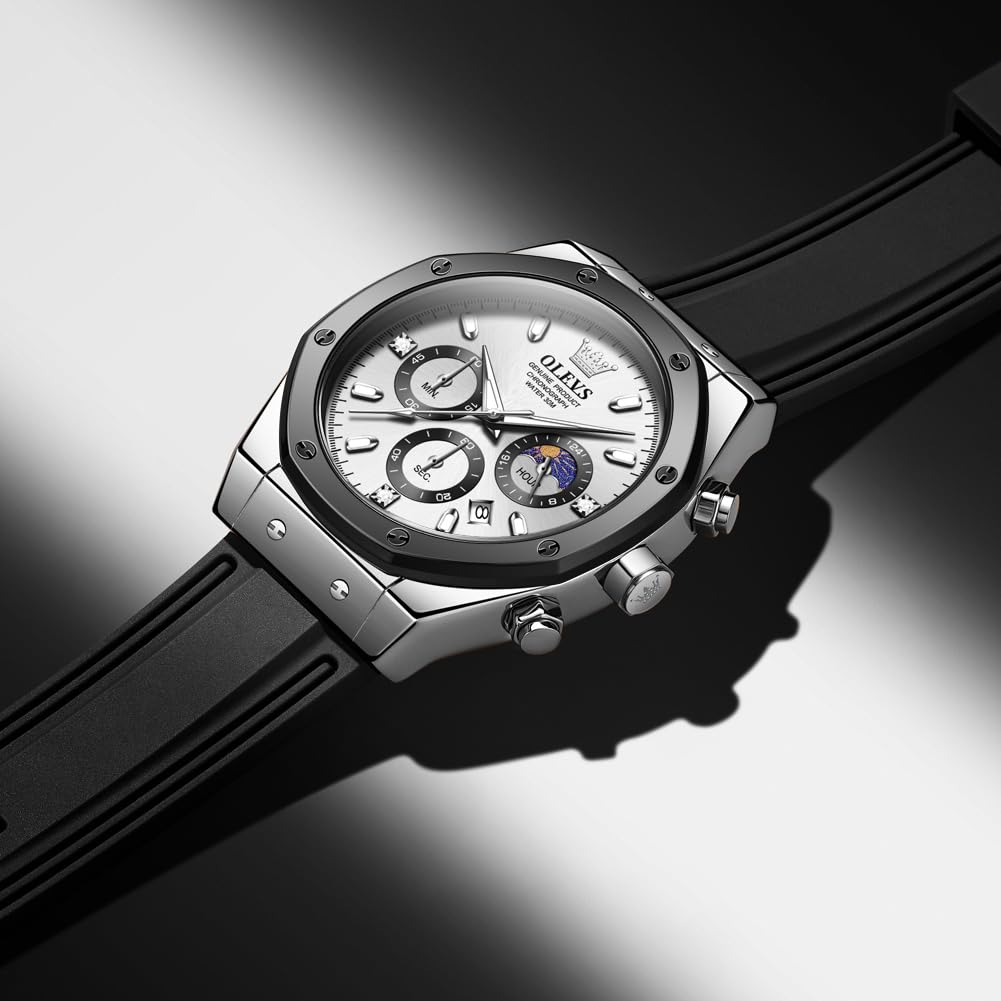 Foto 8 pulgar | Reloj Olevs Silver Moon Phase Chronograph Para Hombre Con Diamante - Venta Internacional.