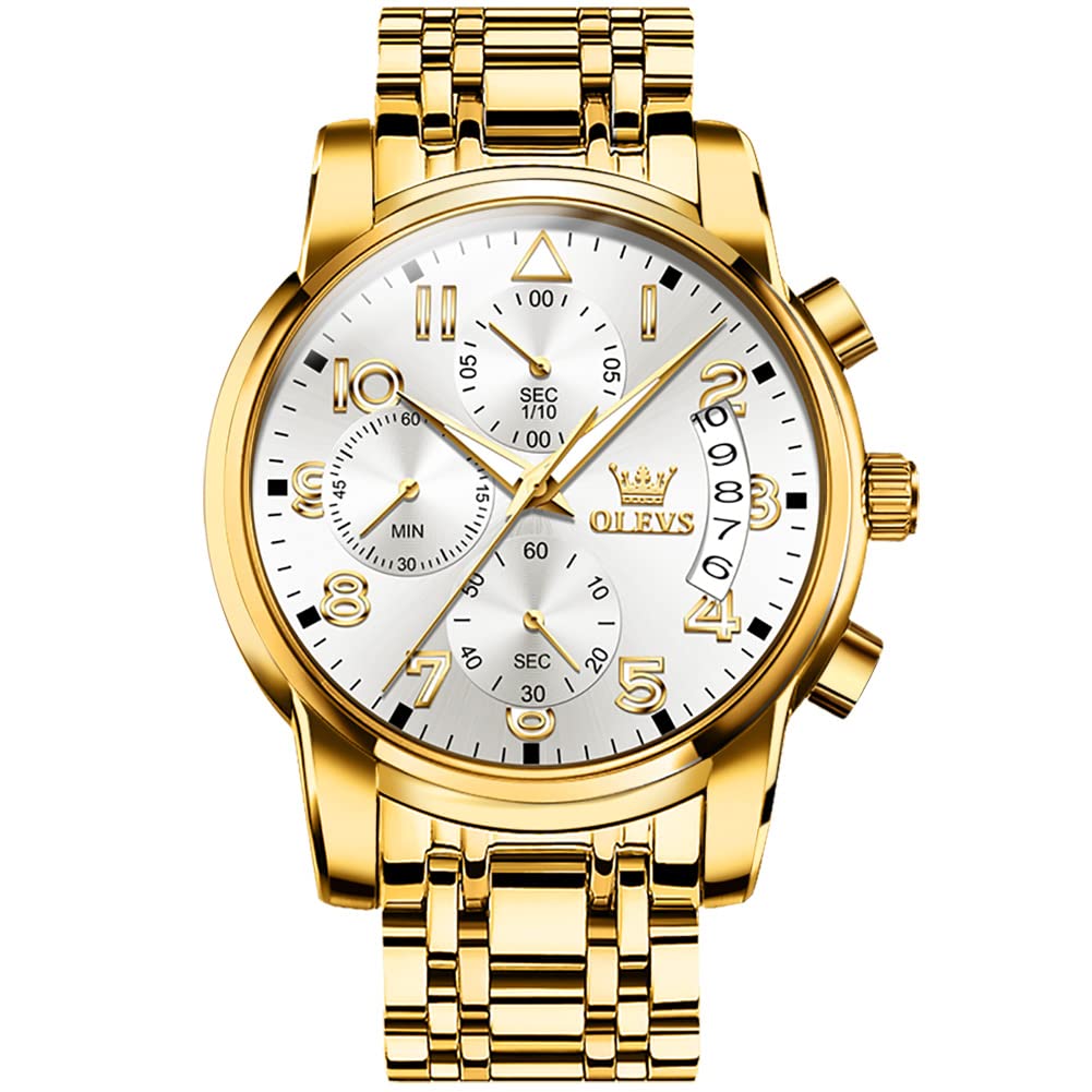 Foto 2 pulgar | Reloj Olevs Para Hombre Con Fecha De Día Y Esfera Blanca De Acero Inoxidable Dorado - Venta Internacional.