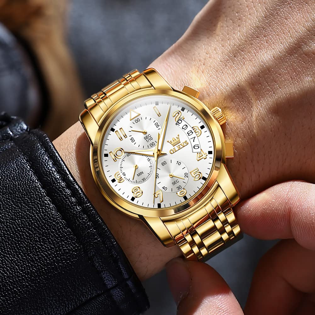 Foto 3 pulgar | Reloj Olevs Para Hombre Con Fecha De Día Y Esfera Blanca De Acero Inoxidable Dorado - Venta Internacional.