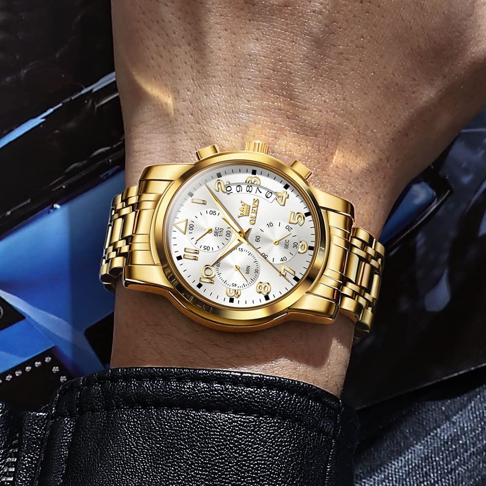 Foto 4 pulgar | Reloj Olevs Para Hombre Con Fecha De Día Y Esfera Blanca De Acero Inoxidable Dorado - Venta Internacional.