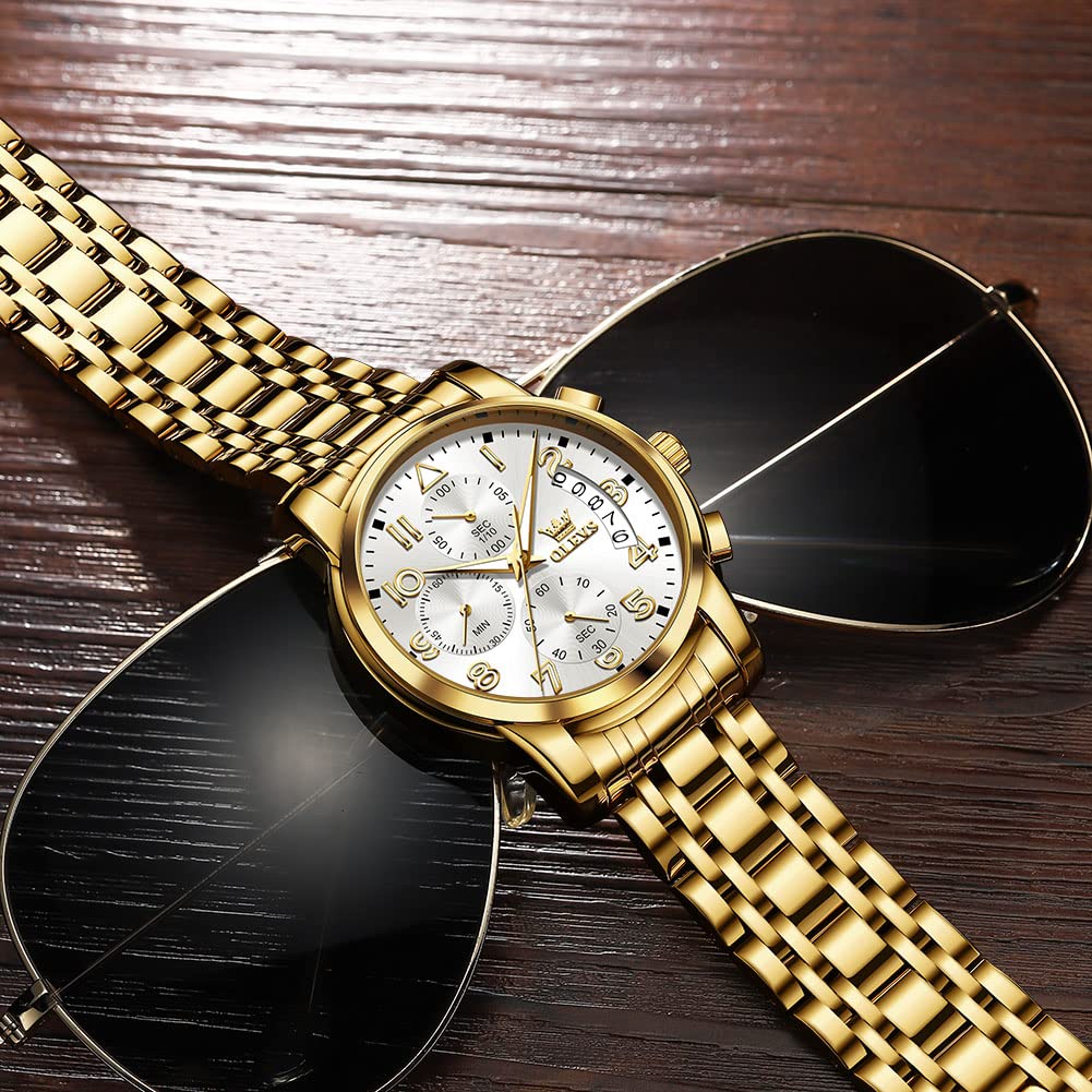 Foto 5 pulgar | Reloj Olevs Para Hombre Con Fecha De Día Y Esfera Blanca De Acero Inoxidable Dorado - Venta Internacional.