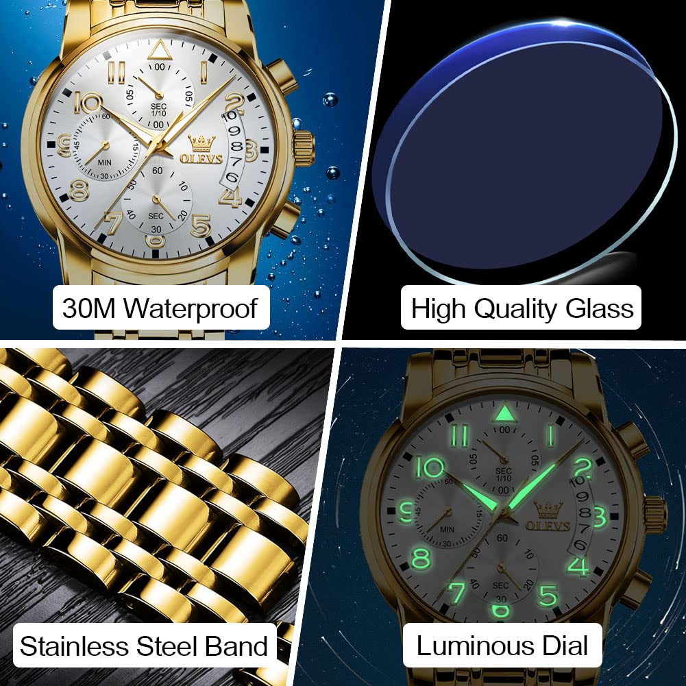 Foto 6 pulgar | Reloj Olevs Para Hombre Con Fecha De Día Y Esfera Blanca De Acero Inoxidable Dorado - Venta Internacional.