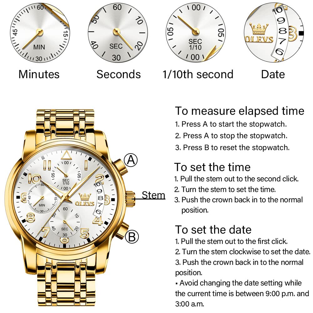 Foto 7 pulgar | Reloj Olevs Para Hombre Con Fecha De Día Y Esfera Blanca De Acero Inoxidable Dorado - Venta Internacional.
