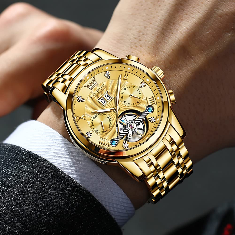 Foto 3 pulgar | Reloj Olevs Men Automatic Skeleton Gold De Acero Inoxidable Para Hombre - Venta Internacional.