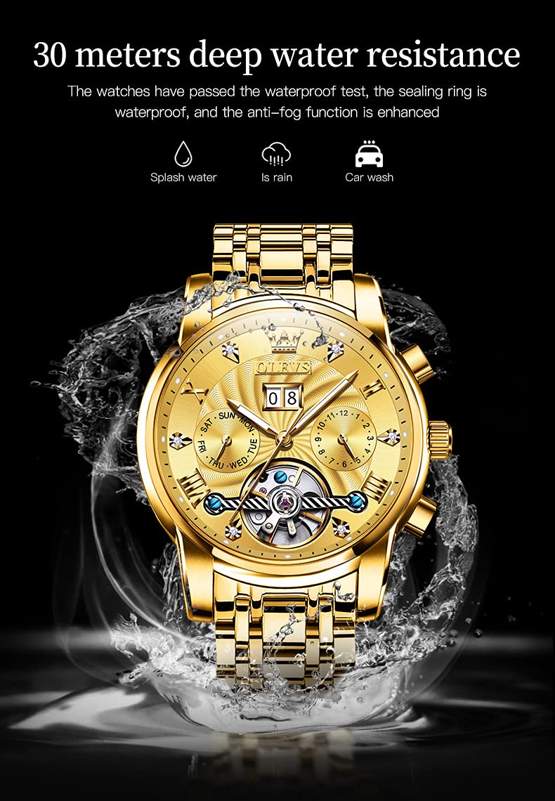 Foto 6 pulgar | Reloj Olevs Men Automatic Skeleton Gold De Acero Inoxidable Para Hombre - Venta Internacional.