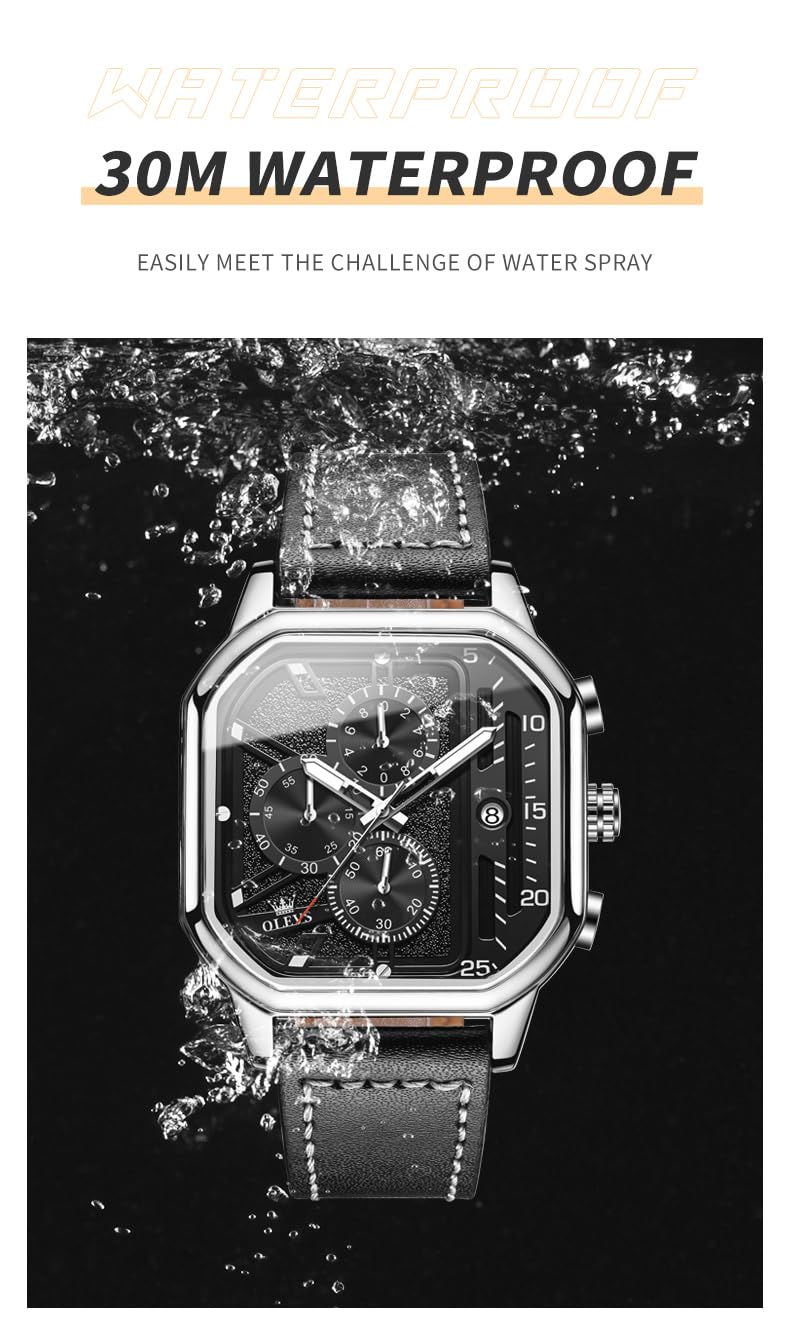 Foto 5 pulgar | Reloj Olevs Con Cronógrafo Clásico Cuadrado De Cuero Negro Para Hombre - Venta Internacional.