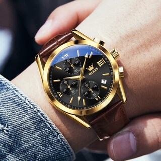 Foto 2 | Reloj Olevs Con Correa De Cuero Marrón Y Funda De Acero En Tono Dorado Para Hombre - Venta Internacional.