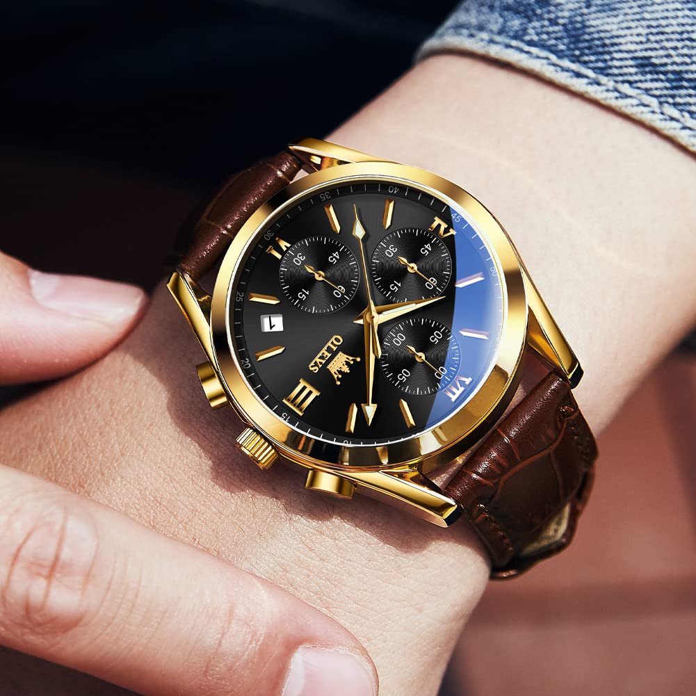 Foto 4 pulgar | Reloj Olevs Con Correa De Cuero Marrón Y Funda De Acero En Tono Dorado Para Hombre - Venta Internacional.