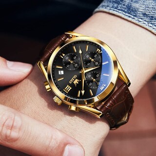 Foto 3 | Reloj Olevs Con Correa De Cuero Marrón Y Funda De Acero En Tono Dorado Para Hombre - Venta Internacional.
