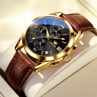 Foto 4 | Reloj Olevs Con Correa De Cuero Marrón Y Funda De Acero En Tono Dorado Para Hombre - Venta Internacional.