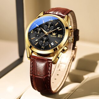 Foto 5 | Reloj Olevs Con Correa De Cuero Marrón Y Funda De Acero En Tono Dorado Para Hombre - Venta Internacional.