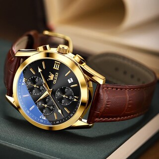 Foto 7 | Reloj Olevs Con Correa De Cuero Marrón Y Funda De Acero En Tono Dorado Para Hombre - Venta Internacional.