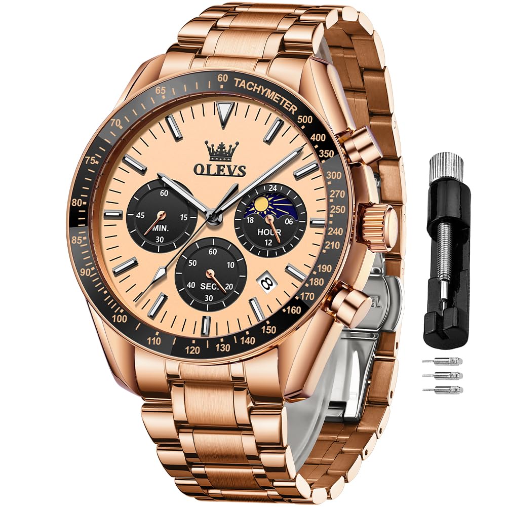 Foto 1 | Reloj Olevs Rose Gold Moon Phase Chronograph Para Hombre - Venta Internacional.