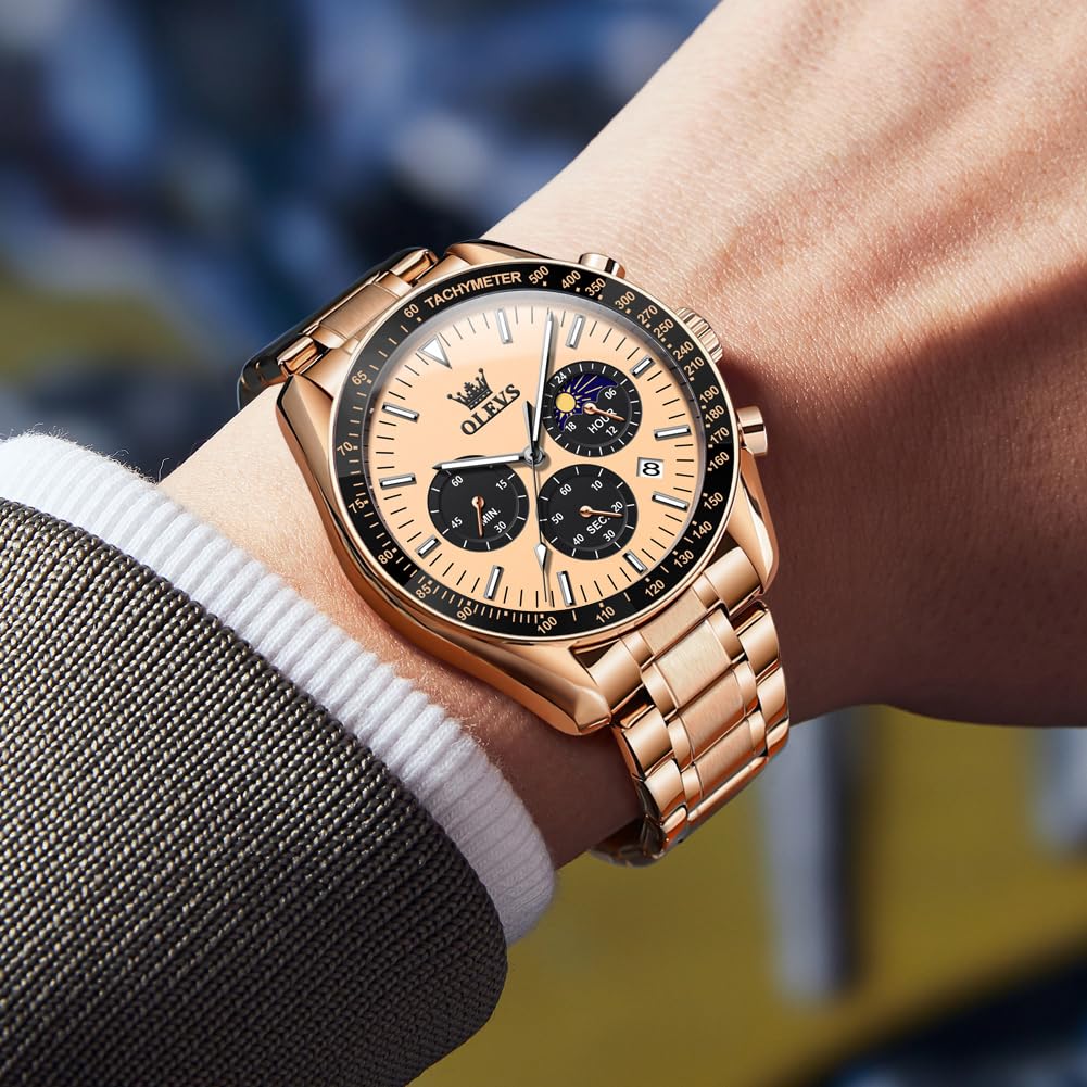 Foto 2 | Reloj Olevs Rose Gold Moon Phase Chronograph Para Hombre - Venta Internacional.