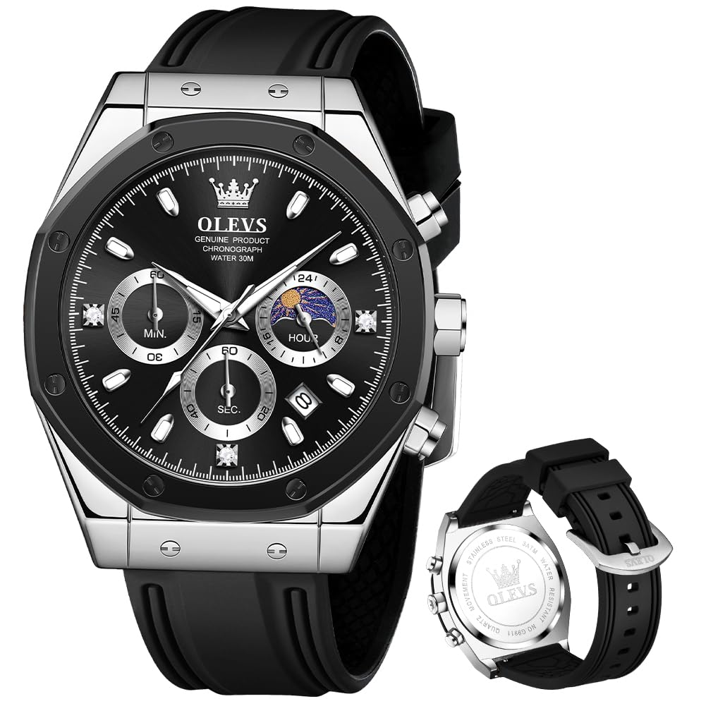 Foto 2 pulgar | Reloj Olevs Black Moon Phase Impermeable Para Hombre Con Funda De 44 Mm - Venta Internacional.