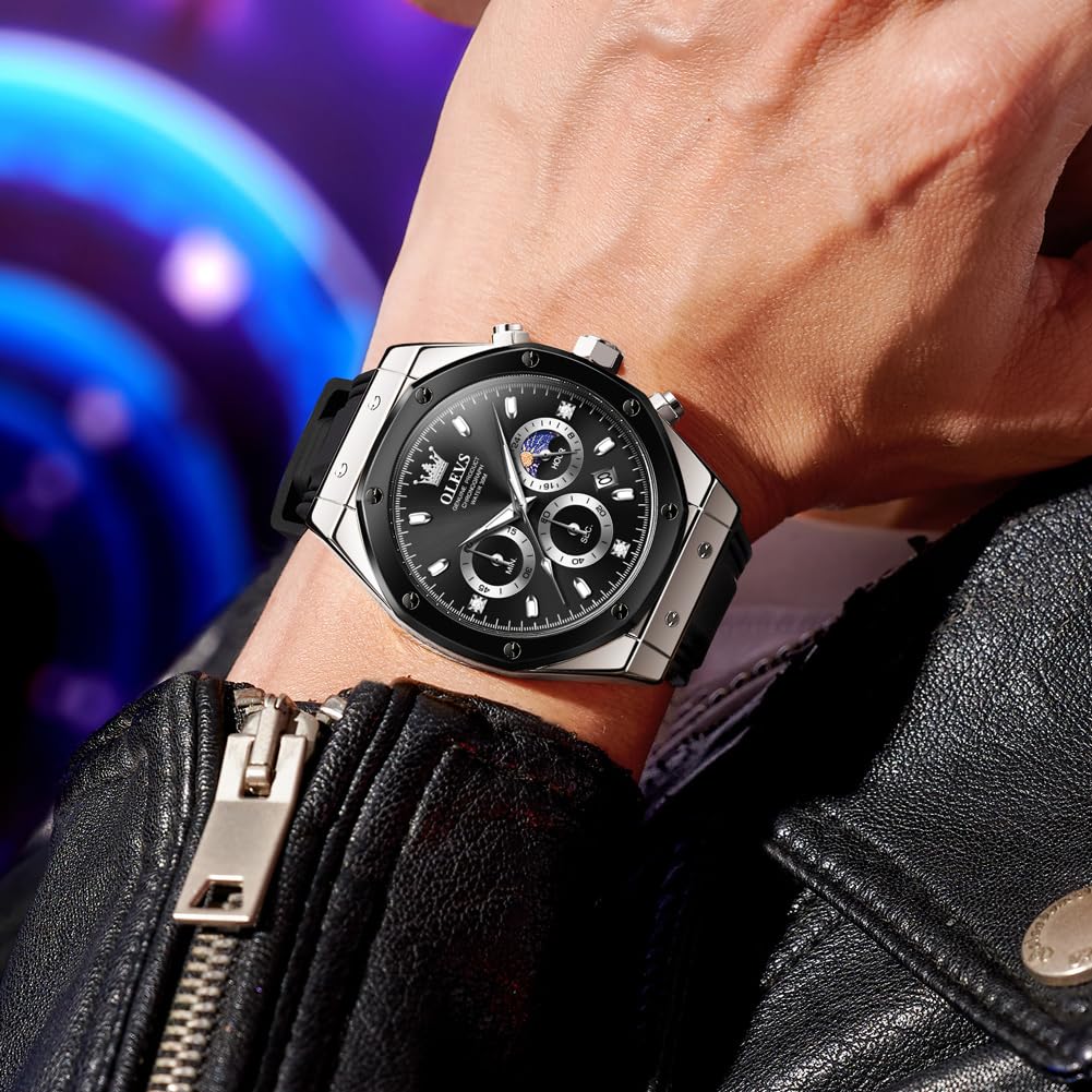 Foto 3 pulgar | Reloj Olevs Black Moon Phase Impermeable Para Hombre Con Funda De 44 Mm - Venta Internacional.