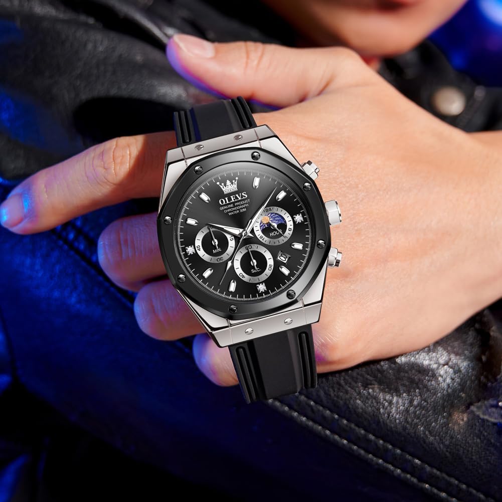 Foto 4 pulgar | Reloj Olevs Black Moon Phase Impermeable Para Hombre Con Funda De 44 Mm - Venta Internacional.