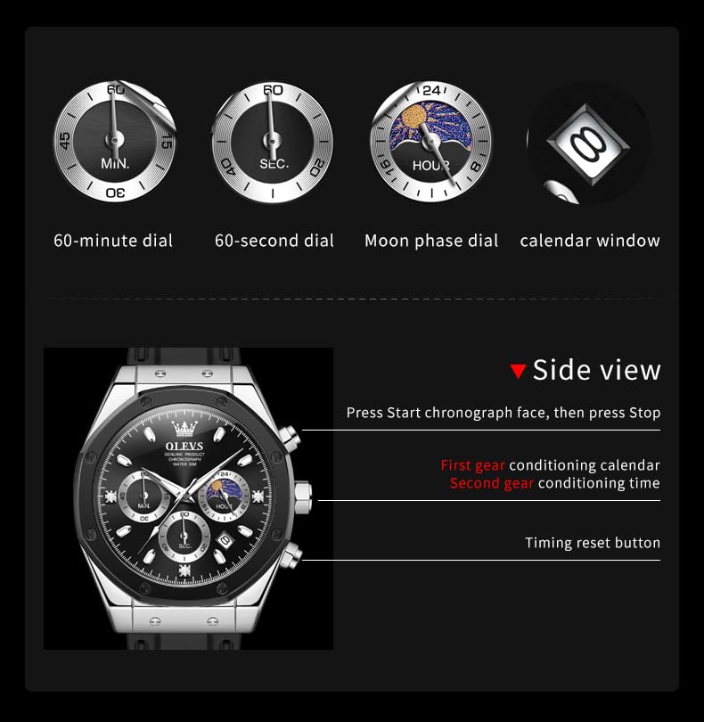 Foto 6 pulgar | Reloj Olevs Black Moon Phase Impermeable Para Hombre Con Funda De 44 Mm - Venta Internacional.