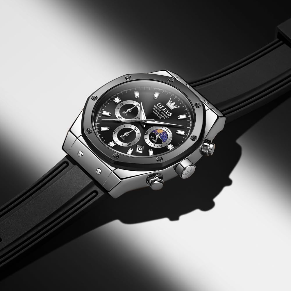 Foto 8 pulgar | Reloj Olevs Black Moon Phase Impermeable Para Hombre Con Funda De 44 Mm - Venta Internacional.