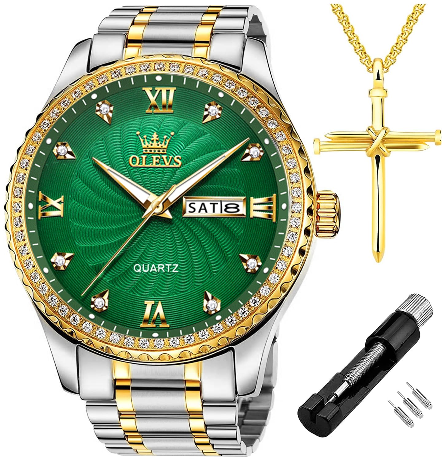 Foto 2 pulgar | Reloj Olevs Luxury Diamonds Con Esfera Verde Y Fecha Para Hombre - Venta Internacional.