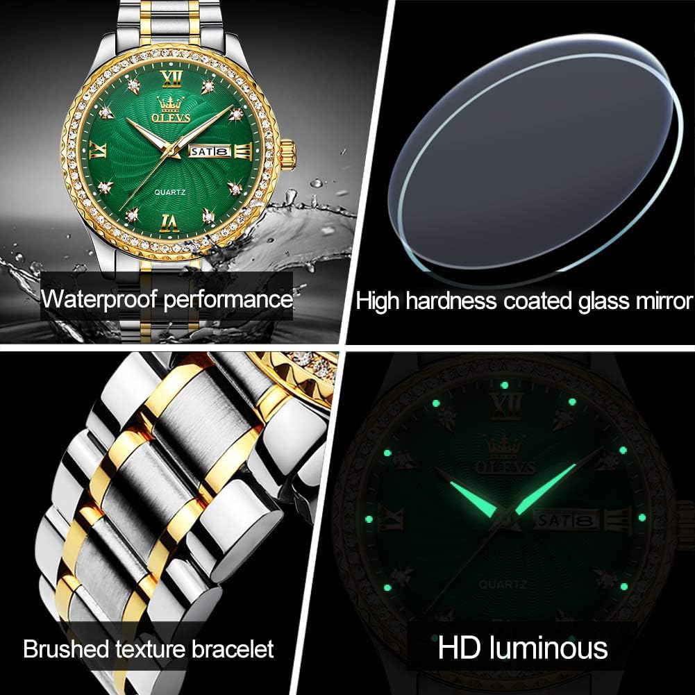 Foto 4 pulgar | Reloj Olevs Luxury Diamonds Con Esfera Verde Y Fecha Para Hombre - Venta Internacional.