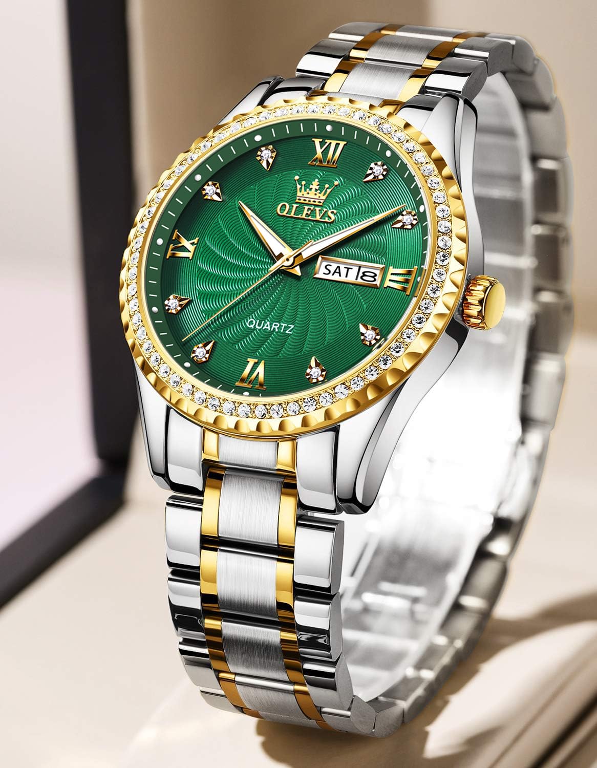 Foto 5 | Reloj Olevs Luxury Diamonds Con Esfera Verde Y Fecha Para Hombre - Venta Internacional.