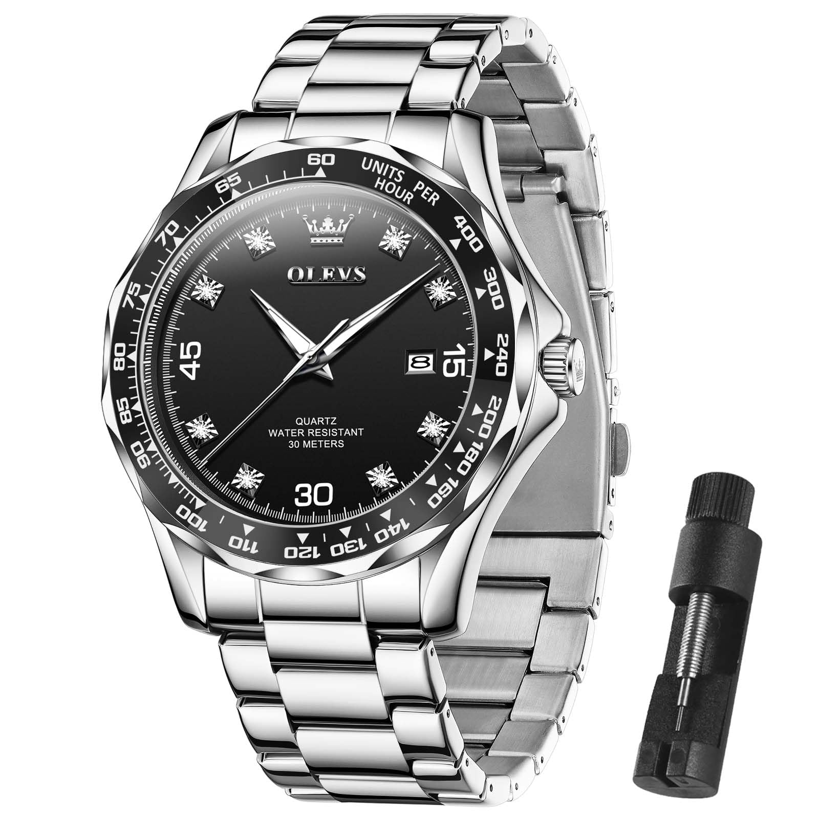 Reloj Olves Para Hombre, Acero Inoxidable Plateado Con Diamante, 30 M Wr - Venta Internacional.