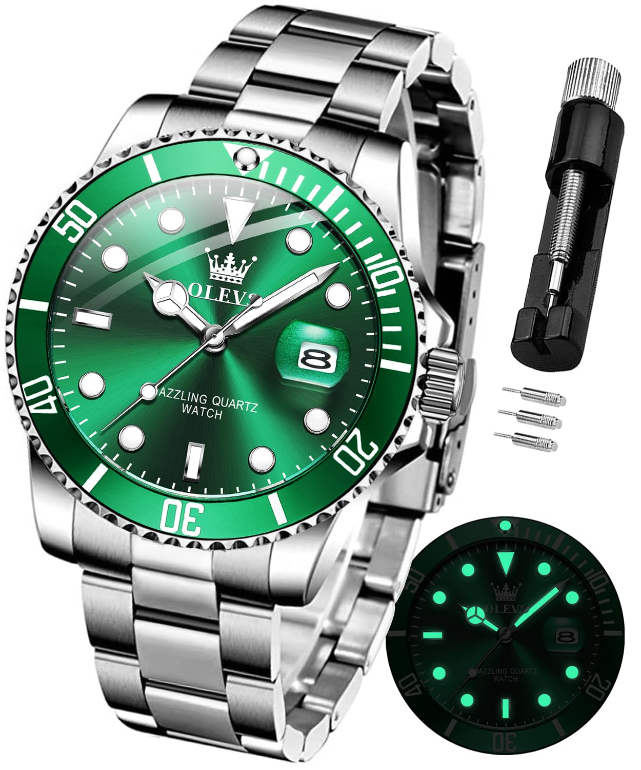 Reloj Olevs De Acero Inoxidable Verde Y Plateado Para Hombre - Venta Internacional.