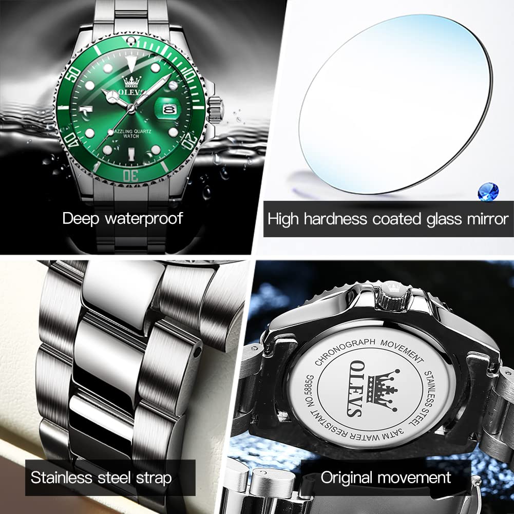 Foto 5 | Reloj Olevs De Acero Inoxidable Verde Y Plateado Para Hombre - Venta Internacional.