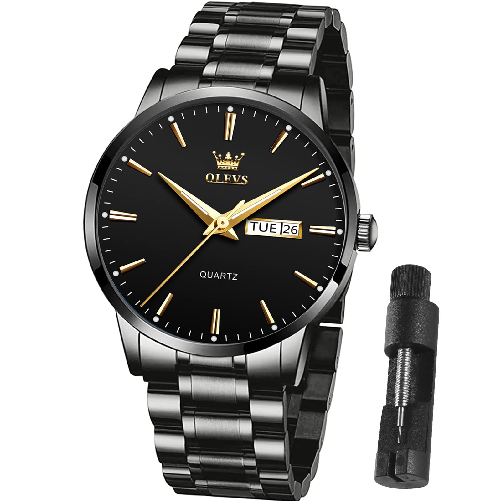Foto 2 pulgar | Reloj Olevs Negro De Acero Inoxidable Impermeable Para Hombre - Venta Internacional.