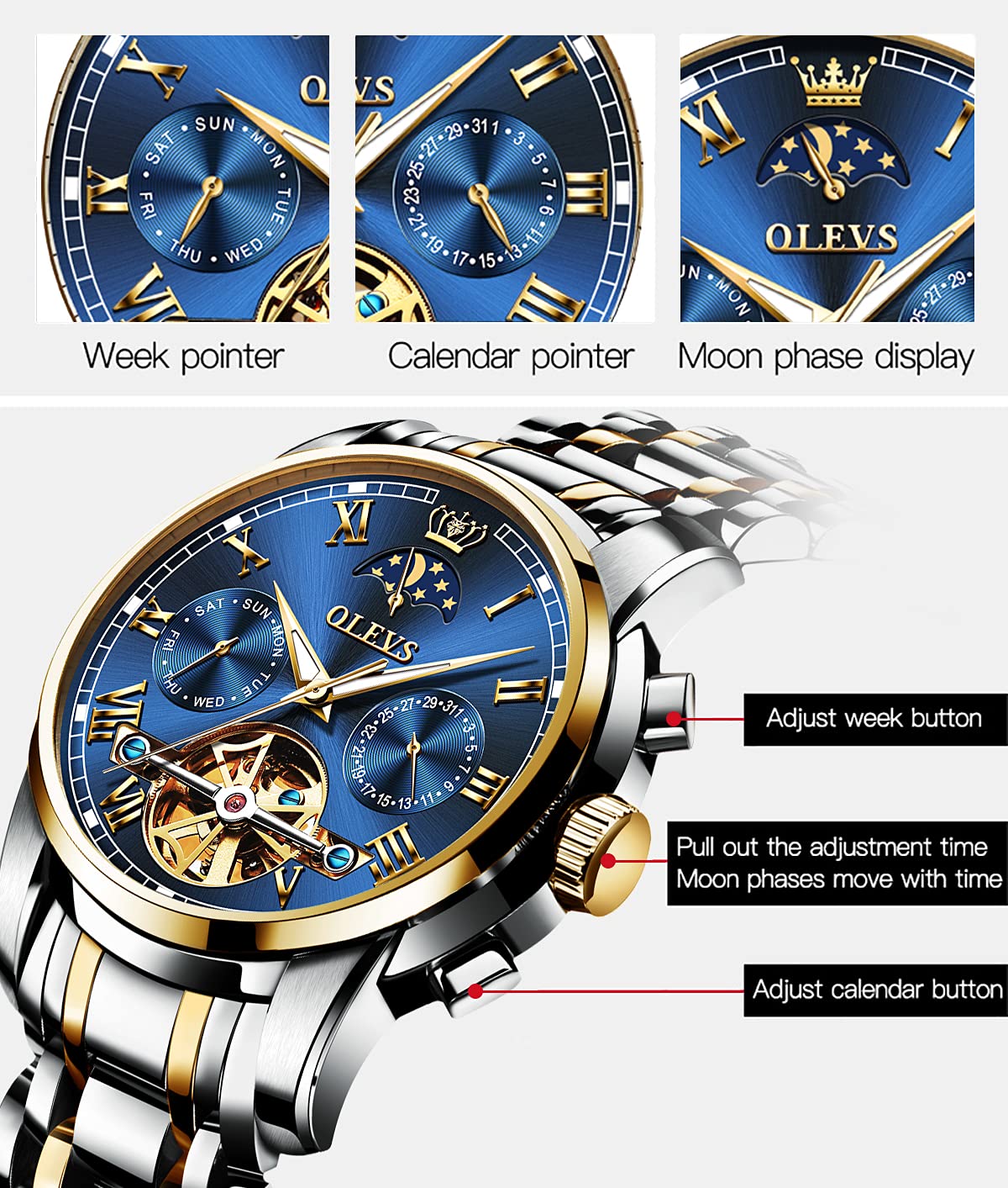 Foto 7 pulgar | Reloj Olevs Con Cronógrafo Mecánico Automático De Fase Lunar Para Hombre - Venta Internacional.