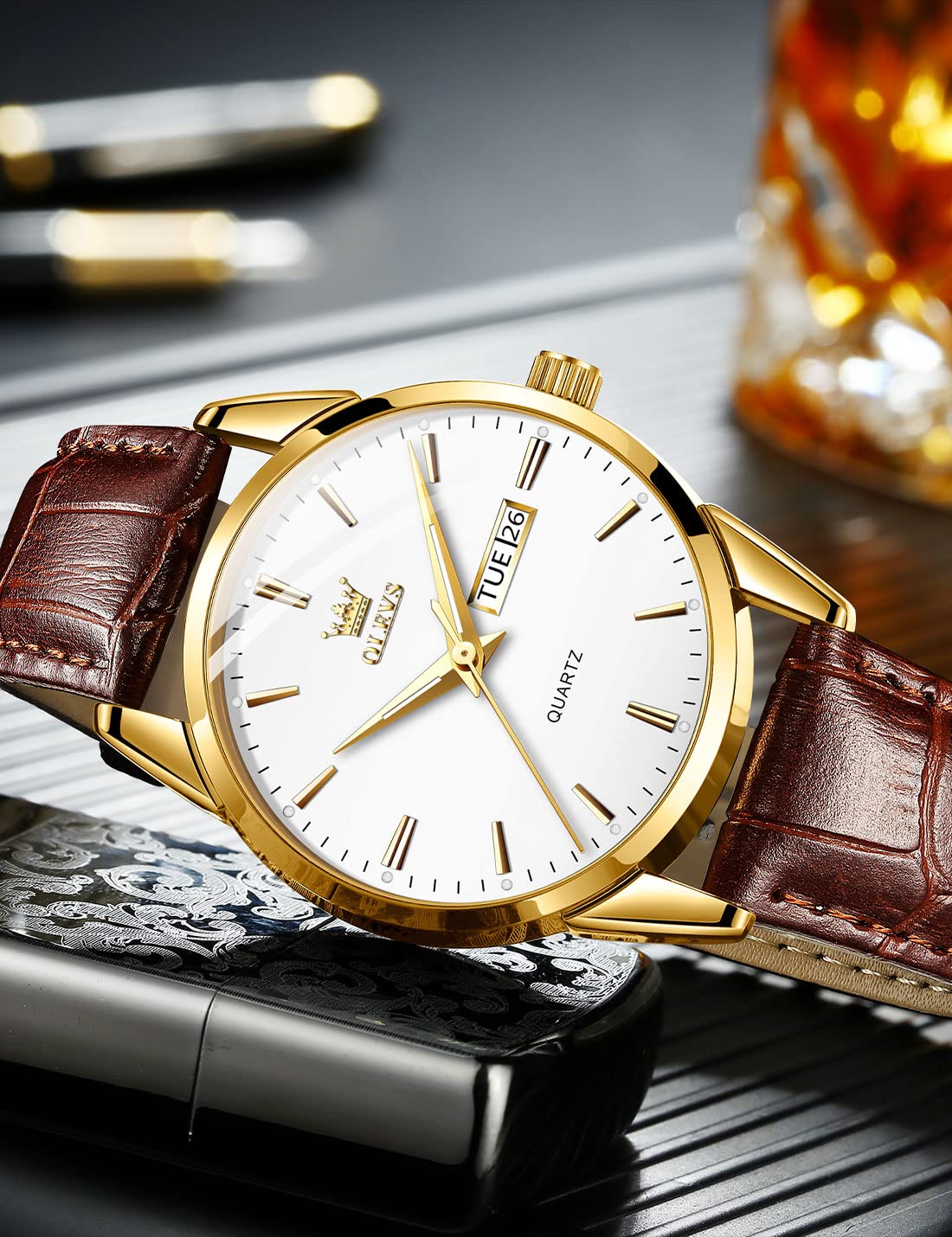 Foto 3 pulgar | Reloj Olevs Brown Leather Classic Analog Quartz Para Hombre - Venta Internacional.