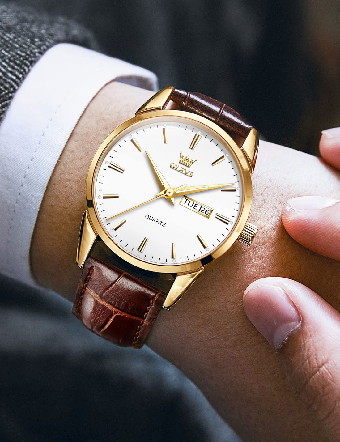 Foto 4 pulgar | Reloj Olevs Brown Leather Classic Analog Quartz Para Hombre - Venta Internacional.