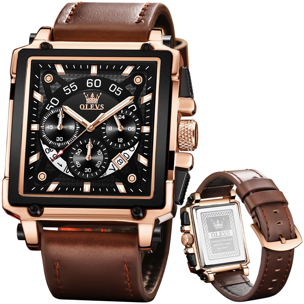 Foto 2 pulgar | Reloj Olevs De Cuero Marrón Para Hombre, Cuadrado, A La Moda Clásica - Venta Internacional.