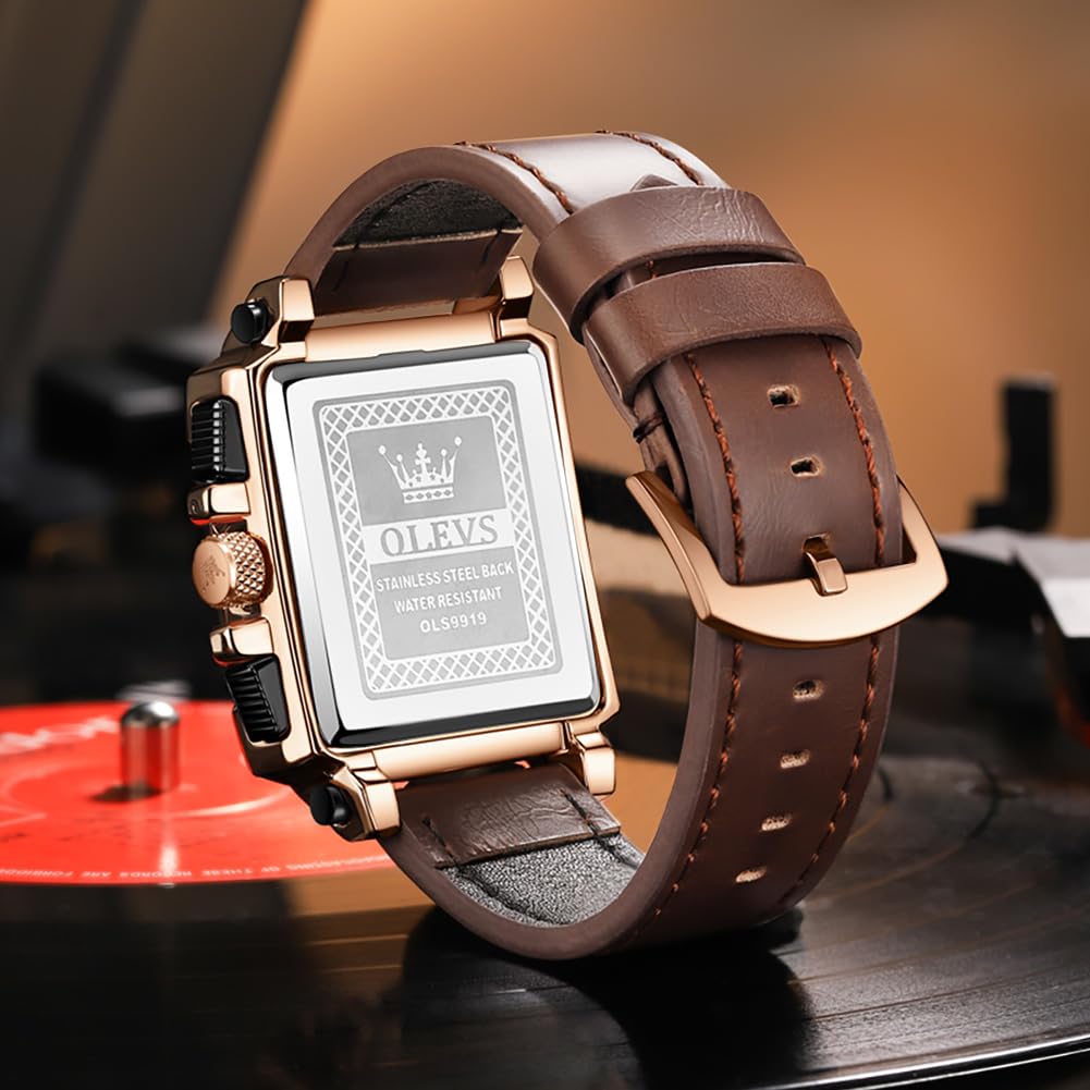 Foto 3 pulgar | Reloj Olevs De Cuero Marrón Para Hombre, Cuadrado, A La Moda Clásica - Venta Internacional.