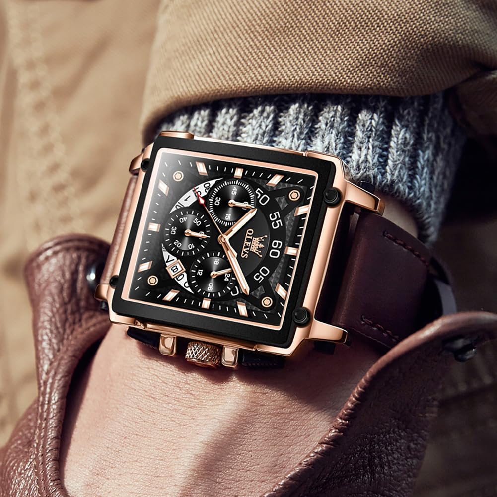 Foto 4 pulgar | Reloj Olevs De Cuero Marrón Para Hombre, Cuadrado, A La Moda Clásica - Venta Internacional.