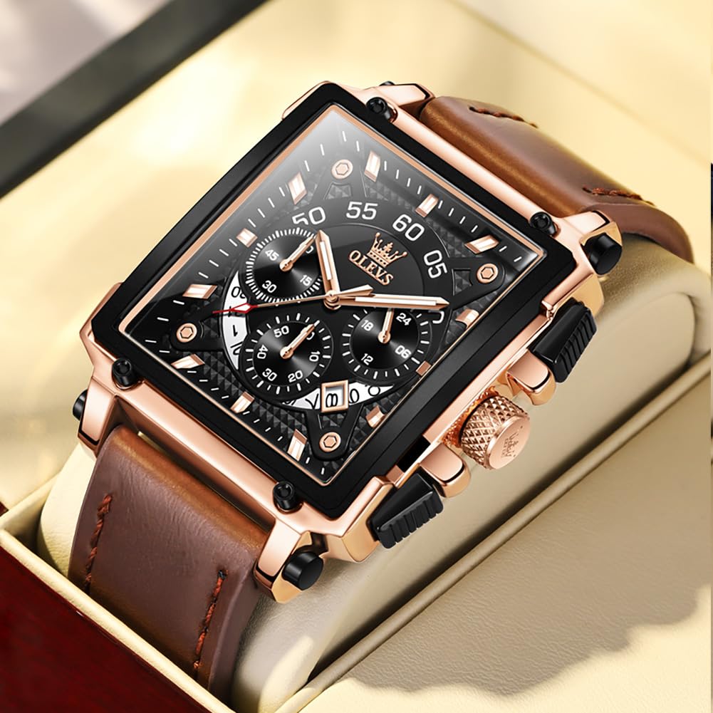 Foto 5 pulgar | Reloj Olevs De Cuero Marrón Para Hombre, Cuadrado, A La Moda Clásica - Venta Internacional.