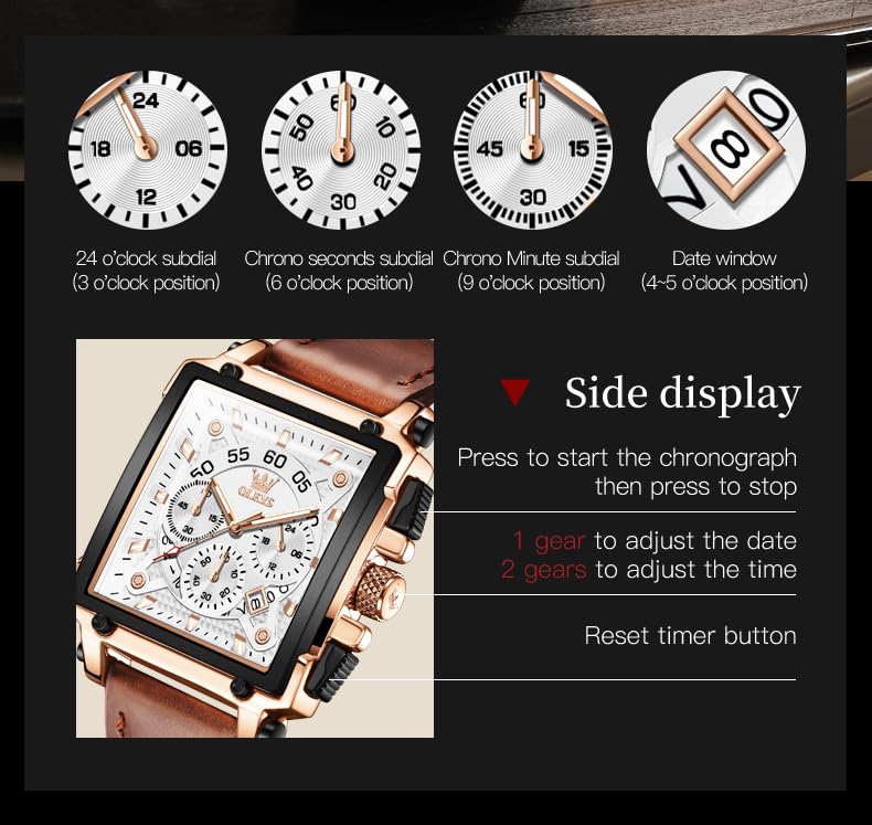 Foto 6 pulgar | Reloj Olevs De Cuero Marrón Para Hombre, Cuadrado, A La Moda Clásica - Venta Internacional.