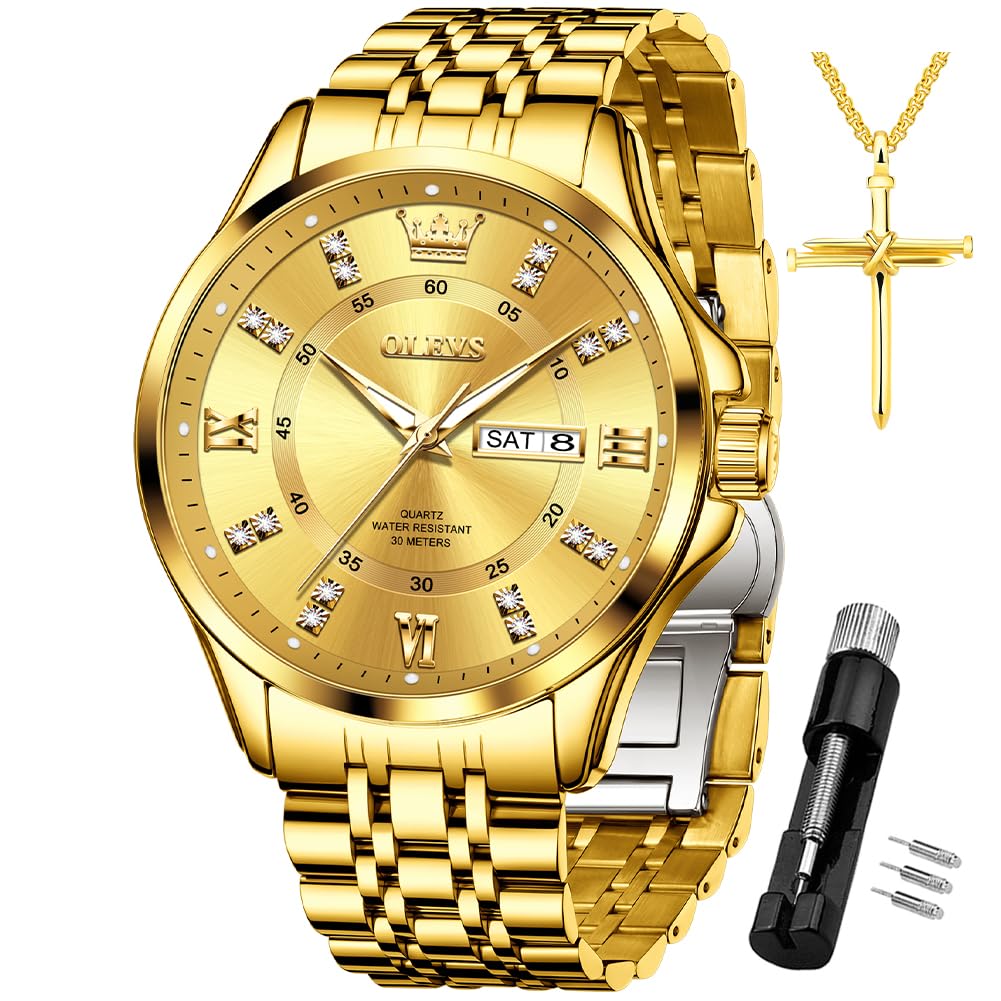 Foto 1 | Reloj Olevs Para Hombre, Acero Inoxidable Dorado, Resistente Al Agua Con Diamante - Venta Internacional.