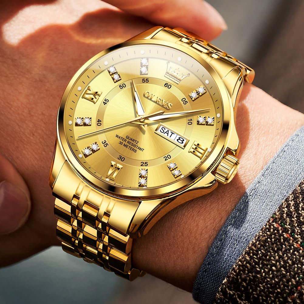 Foto 2 | Reloj Olevs Para Hombre, Acero Inoxidable Dorado, Resistente Al Agua Con Diamante - Venta Internacional.